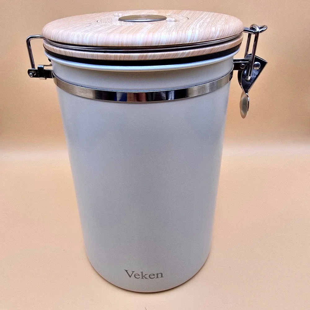 Veken Coffee Canister Airtight Date Stainless Steel Storage w/ Scoop Cream 34 oz